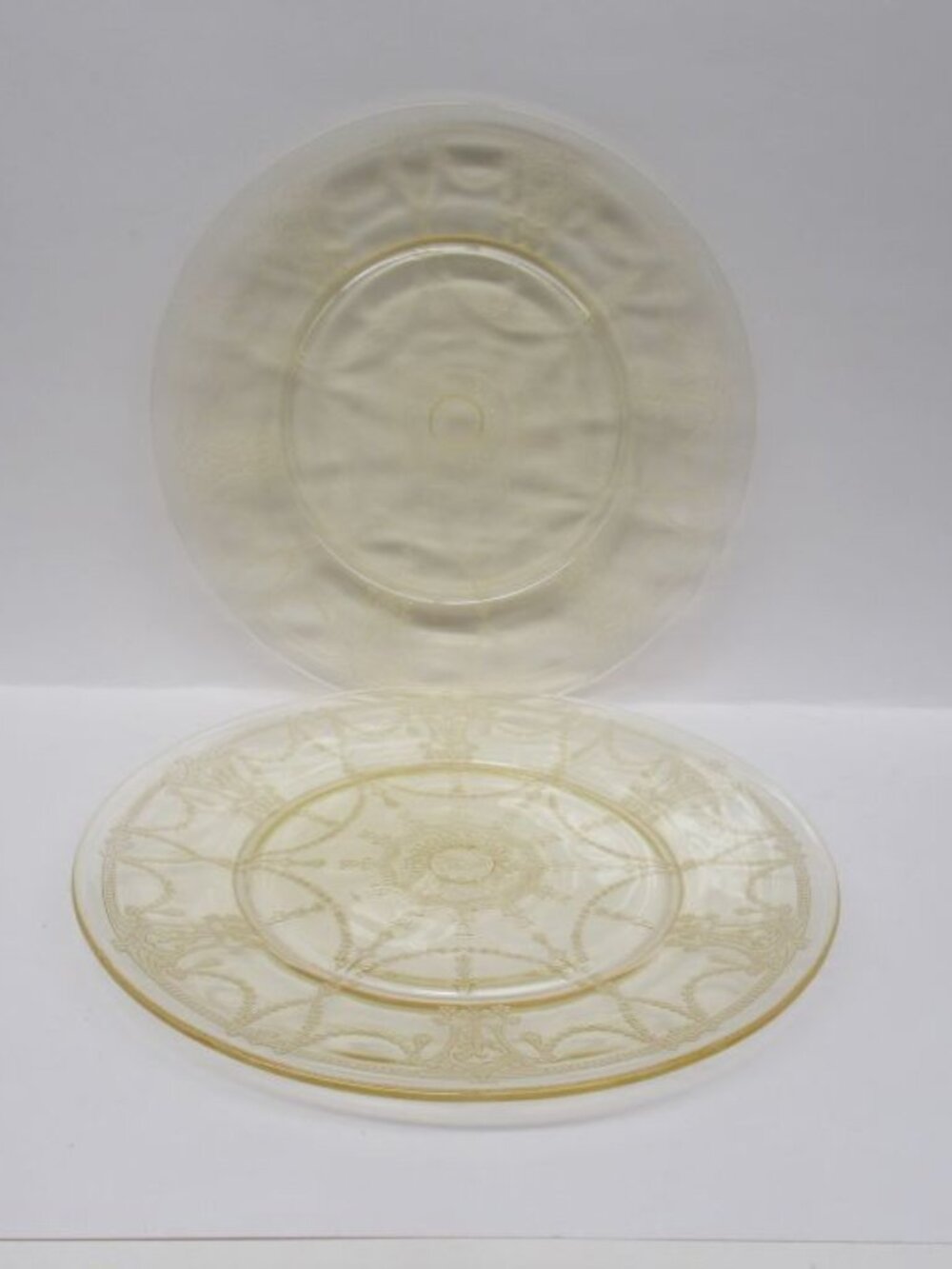 2 - Hocking Glass Topaz Yellow CAMEO, aka BALLERINA, 9 1/2 Inch Dinner Plates